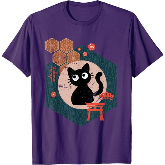 Black Cat Lover japanese kitten anime Style tokyo otaku lifestyle Unisex T-Shirt for Men Women Kids Toddler,Purple Color,Size YXL
