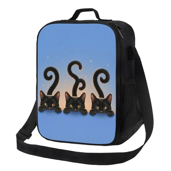 Black Cat Lunch Box Insulated Thermal Leakproof Cute Funny Whimsical Cat Reusable Lunch Bag With Shoulder Strap Large Capacity For Office Travel