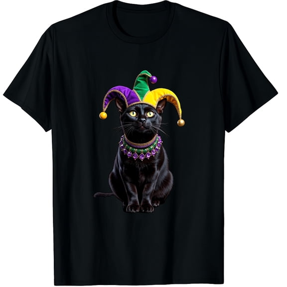 Black Cat Mardi Gras Party Shrove Tuesday Celebration Graphic Crew Neck Short Sleeve T-Shirts (Men's, Women's)
