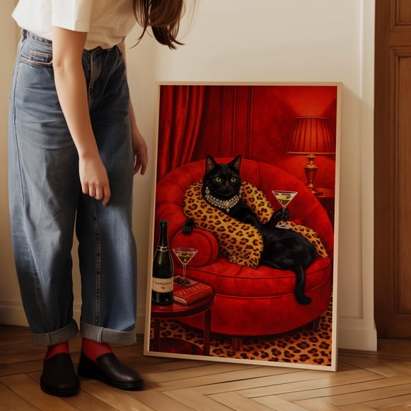 Black Cat Martini Art Print, Funny Glam Cat Wall Decor (Unframed)