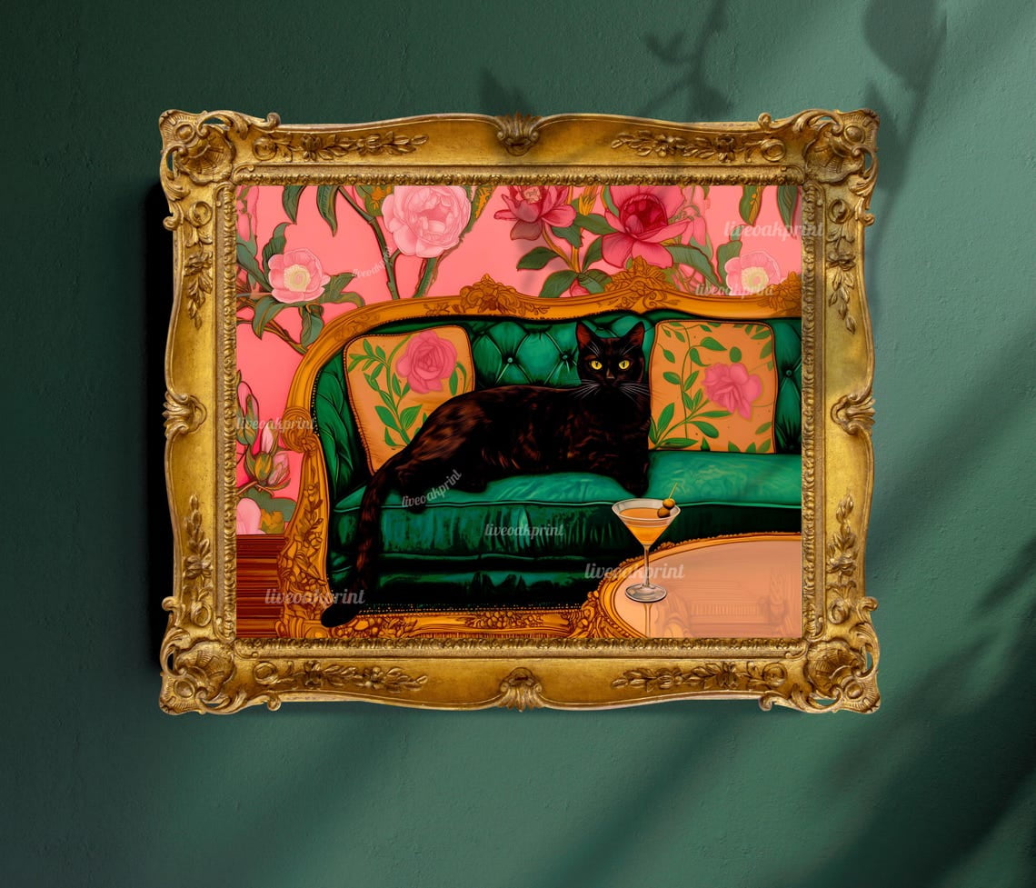 Black Cat With Martini Art Print - Maximalist Home Decor - Whimsical ...