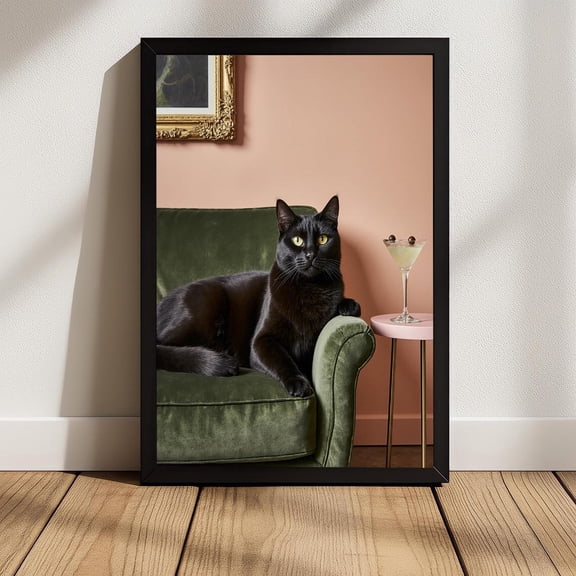 Black Cat Martini Mid-Century Modern Lounge Decor Retro Pet Wall Art, Unframed Paper Poster 8x10in