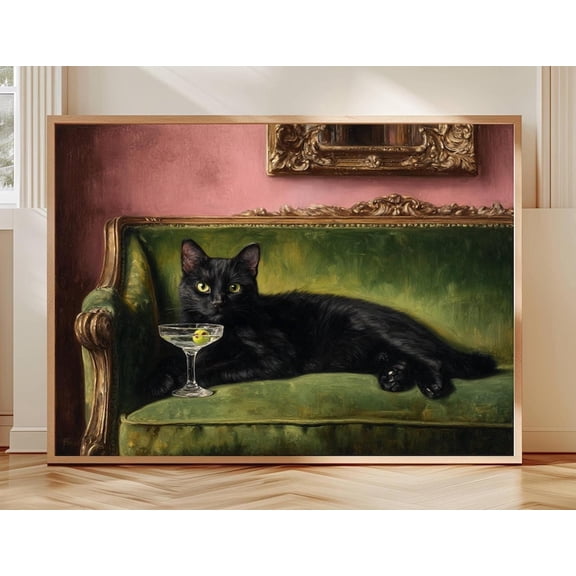 Black Cat Martini Oil Painting Print Regal Green Velvet Sofa Art Baroque Pink Wall Décor Whimsical Cocktail Lounge Cat Artwork, Vintage Gift Canvas