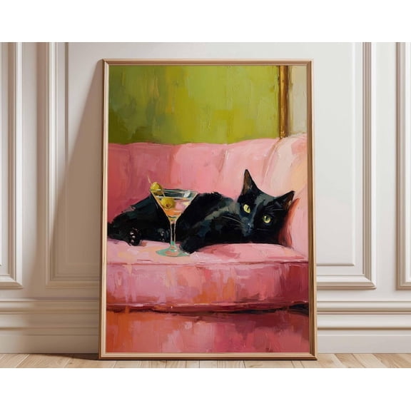 Black Cat Martini Pink Couch Wall Art Print, Unframed Paper Poster 8x10in
