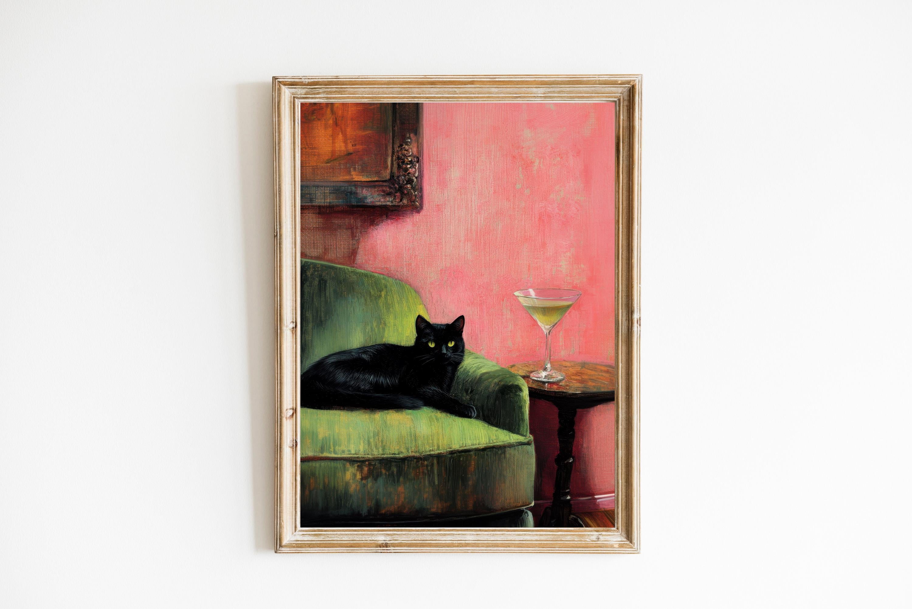 Black Cat With Martini Poster Cute Quirky Whimsical Cocktail Art Bar ...