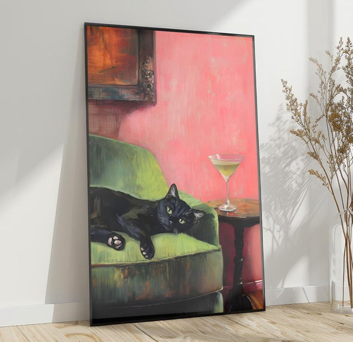 Black Cat With Martini Poster Whimsical Cocktail Art Print Bar Cart ...