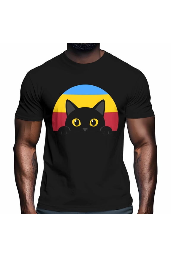 Black Cat Men's T Shirts Cartoon Cute Cat Blue Yellow Red T-Shirt for Men Crew Neck Tees Cotton Tops Black, M