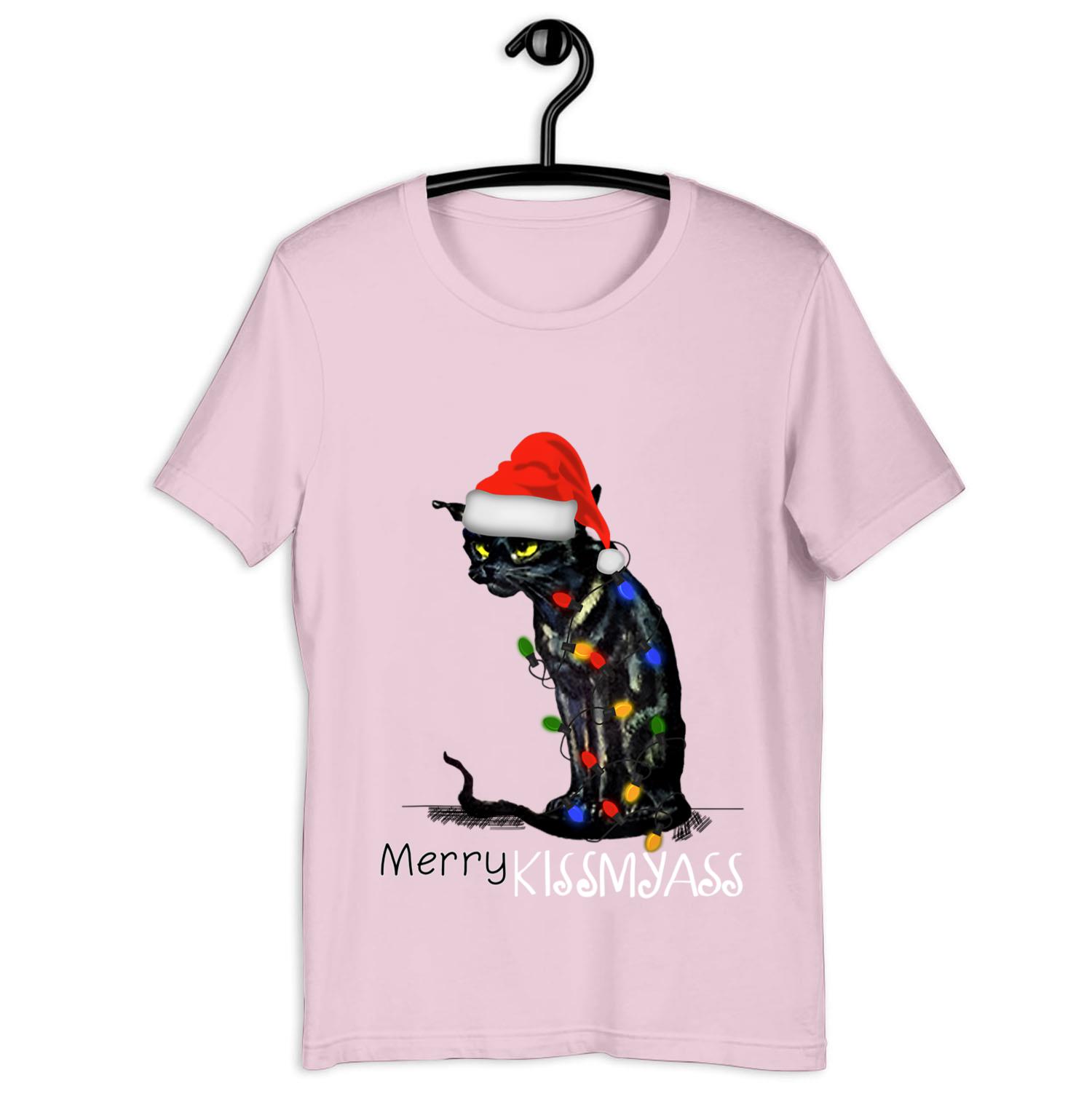 Black Cat Merry Kissmyass Xmas Chritsmas TShirt Up To 4XL