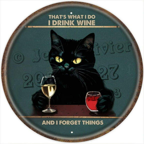 Black Cat Metal Signs Rustic Cat and Wine Sign for home decor for Home Room Man Cave Coffee Bar Club Pub Wall Decoration, Black Cat Lovers Gift, Retro Round Tin Bar Sign 12x12 inches