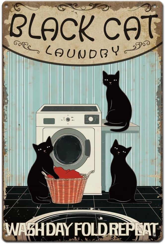 Black Cat Metal Tin Sign Vintage Laundry Room Sign Washday Fold Retro ...