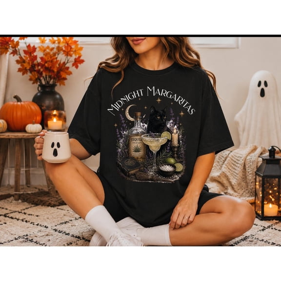 Black Cat Midnight Margaritas Shirt, Witchy Cocktail Graphic Tee, Practical Magic Inspired Halloween T-Shirt, Spooky Season Gift
