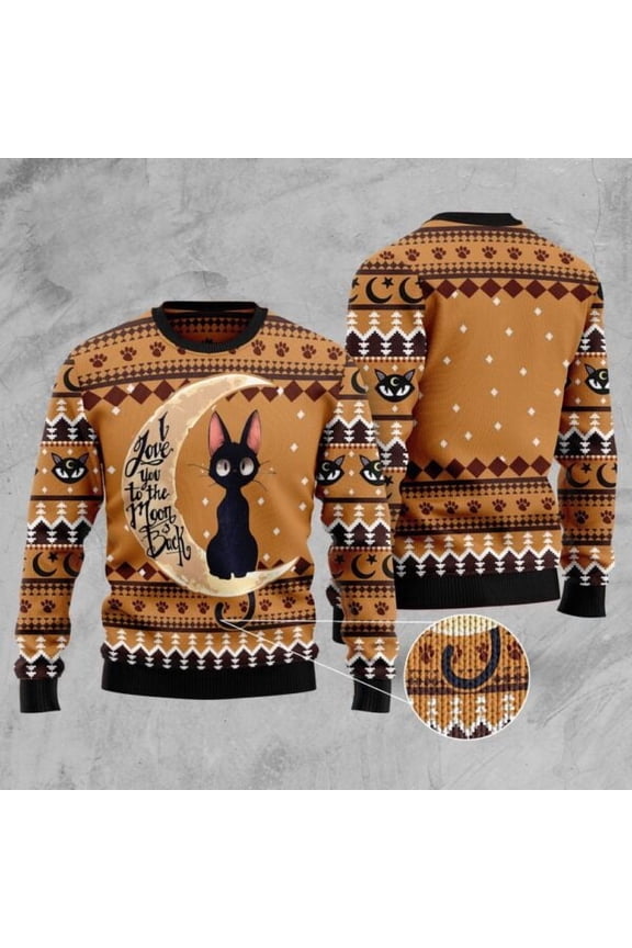 Black Cat Moon And Back Ugly Christmas Sweater, Christmas Cat Ugly Sweater, Ugly Cat Xmas Sweater