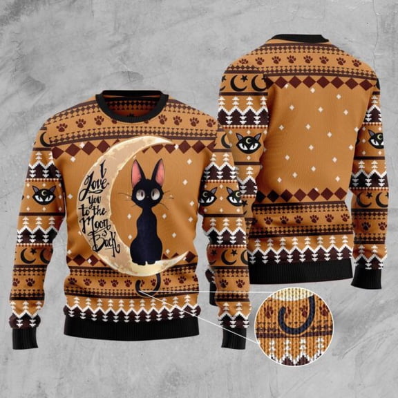 Black Cat Moon And Back Ugly Christmas Sweater, Christmas Cat Ugly Sweater, Ugly Cat Xmas Sweater