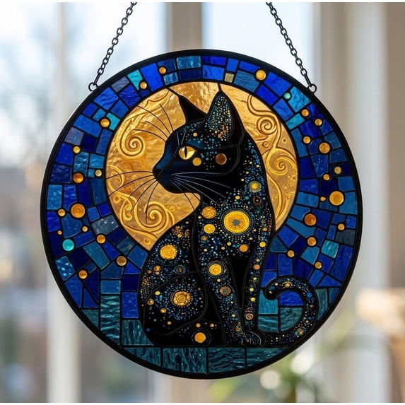 Black Cat Moon Faux Stained Glass Acrylic Suncatcher, Window Hanging ...