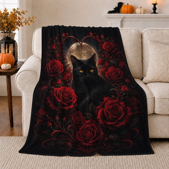 Black Cat Moon Garden with Red Roses, Ornate Vines and Golden Eyes, Soft Flannel Blanket, Home Decor for Cat Lovers, Bedroom and Living Room, Halloween Gift, Dark Gothic Floral Art
