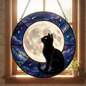 Black Cat Moon Glass Suncatcher, Celestial Night Sky Window Hanging Decor, Gothic Witchy Home Art, Cat Lover Gift, 6.3 in