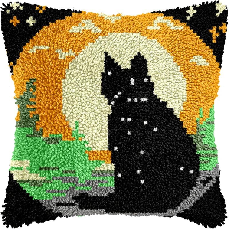 Black Cat Under Moon Latch Hook Pillow Kits Cushion Pillowcase with Pattern Printed Canvas Sofa Hooking Pillows Crafts Embroidery Latch Hooking Crochet Kits 17x17 inch(186)
