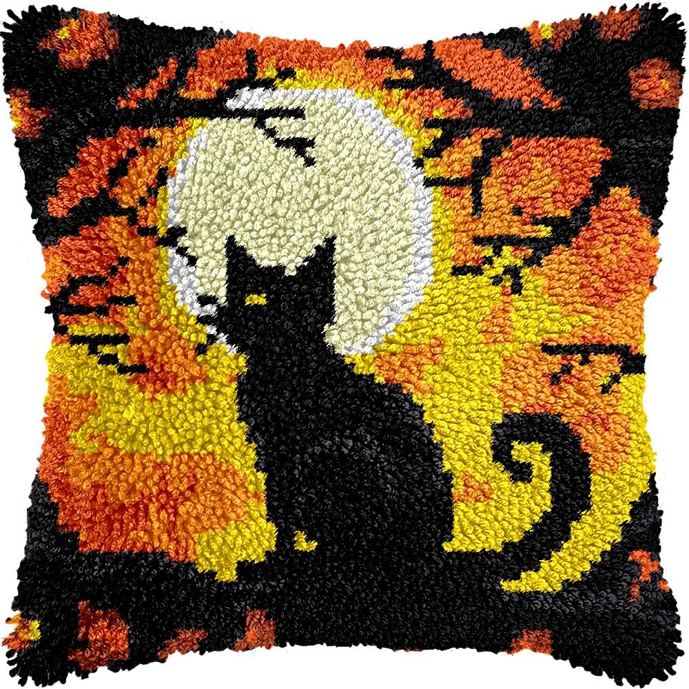 Black Cat under Moon Latch Hook Pillow Kits for DIY Handmade Throw Pillow Cushion Embroidery Latch Hooking Pillowcase Kits with Preprinted Canvas Crochet Yarn Kits 17''X 17''(g89)