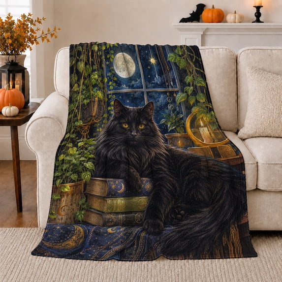 Black Cat Moon Library Flannel Blanket for Couch Sofa Bed, Mystic Feline Home Decor for Women Men, Cozy Cat Lover Gift for Birthday Holiday Reading Lounge Room Space