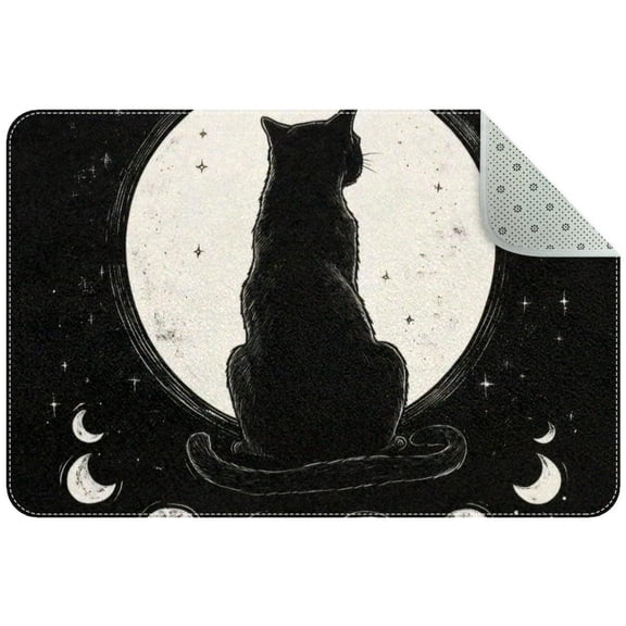 Black Cat Moon Phase Aesthetic Pattern Small Area Rug, Non-Slip Door Mat Indoor Floor Mat, Washable Kitchen Rug Entrance DMat for Bedroom Living Room