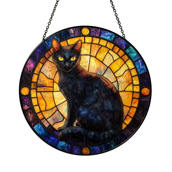 Black Cat Moon Stained Glass Style Suncatcher Window Hanging Decor, Cat Sitting Under Crescent Moon Window Panel Art with Night Sky Theme, Decorative Window Gift for Cat Lovers