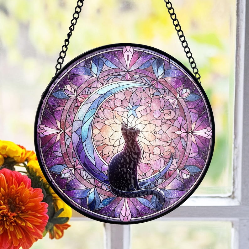 Black Cat Moon Stained Glass Suncatcher, Celestial Window Art, Mystic ...