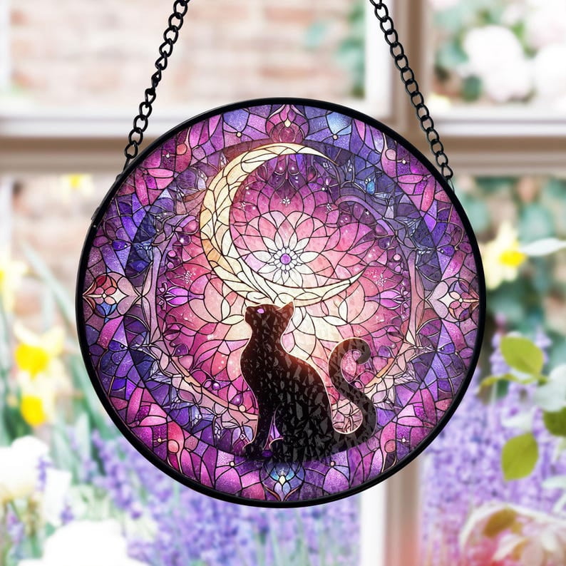 Black Cat Moon Stained Glass Suncatcher, Celestial Window Art, Mystic ...