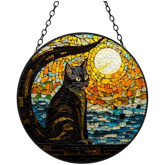 Black Cat and Moon Stained Glass Suncatcher Colored Handmade Window Hangings Glass Suncatcher Crafts Kits for Indoor Garden Christmas Decoration 16x16cm(1)