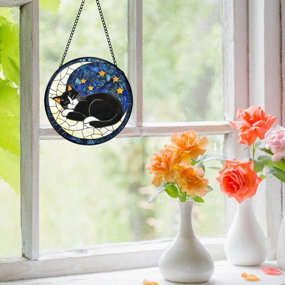 Black Cat Moon Stained Glass Window Hanging, Celestial Black Cat Sun Catchers Indoor Window Round Glass Wall Art Decor, Moon and Stars Suncatcher Wall Hanging Decorations, Lawn Care$$Garden & Patio