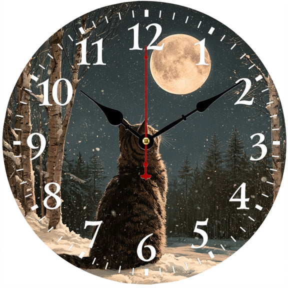 Black Cat Moon Wall Clock, 9.84 Inch Round Battery Operated Analog Clock, Easy to Read Home Decor for Living Room Bedroom Kitchen Office