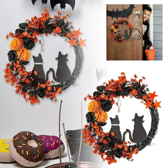 Black Cat Moon Wreath for Halloween - Gothic Floral Halloween Door Decor with Lights - Witchy Front Porch, Wall & Window Decorations - Durable Outdoor/Indoor Use