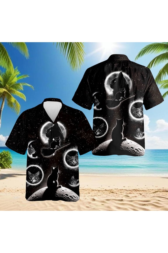 Black Cat Moonlight Hawaiian Shirt for Men, Button Down Summer Beach Short Sleeve, Cat Lover Gift, Sizes S-5XL