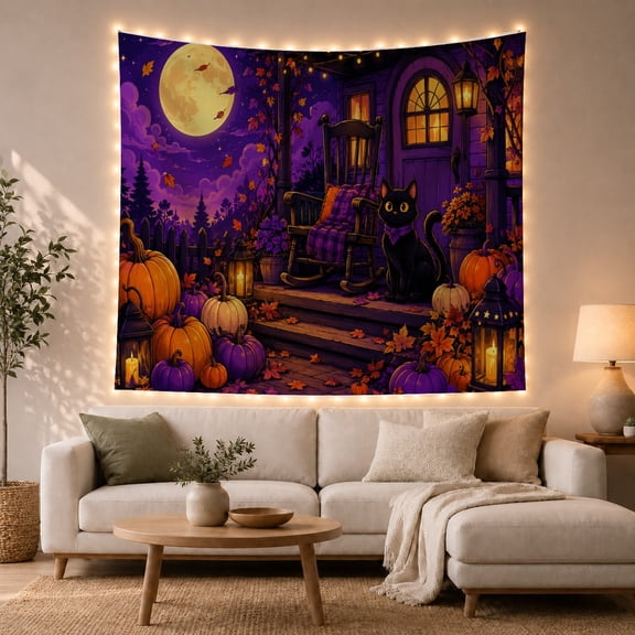 Black Cat on a Moonlit Autumn Porch with Pumpkins and Lanterns, Cozy Rustic for Animal Lovers, Harvest Home Decor, Housewarming Gift, Tapestry Wall Hanging for Bedroom and Den