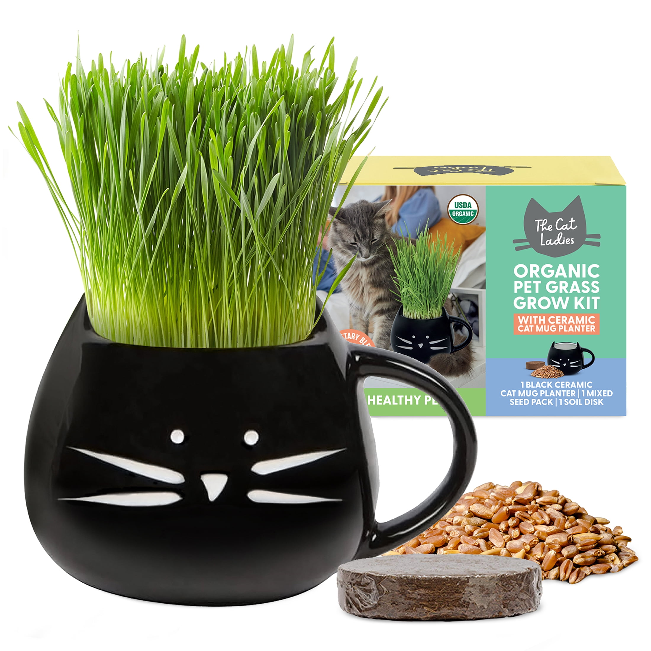 The Cat Ladies Black Cat Mug Pet Grass Grow Kit, Organic Blend