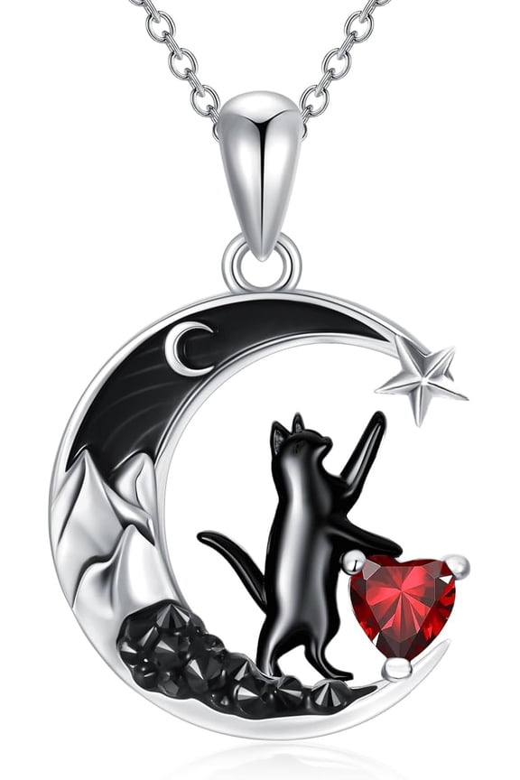 Black Cat Necklace 925 Sterling Silver Black Crescent Moon Star Pendant with Heart Birthstone Necklace Anniversary Gothic Jewelry Gifts for Women Wife Cat Lover