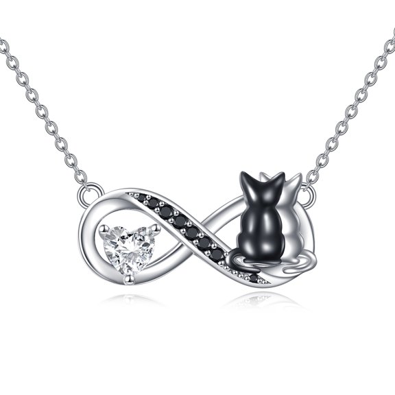 Black Cat Necklace 925 Sterling Silver Infinity Heart Cat Pendant Necklace Cat Jewelry for Women