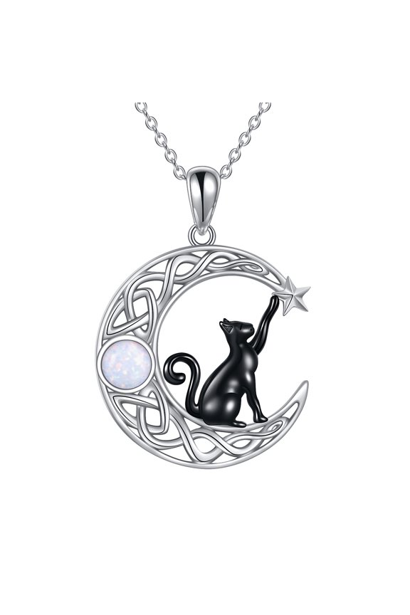 Black Cat Necklace Celtic Moon Pendant for Women - S925 Sterling Silver Cat Jewelry with Opal Stone
