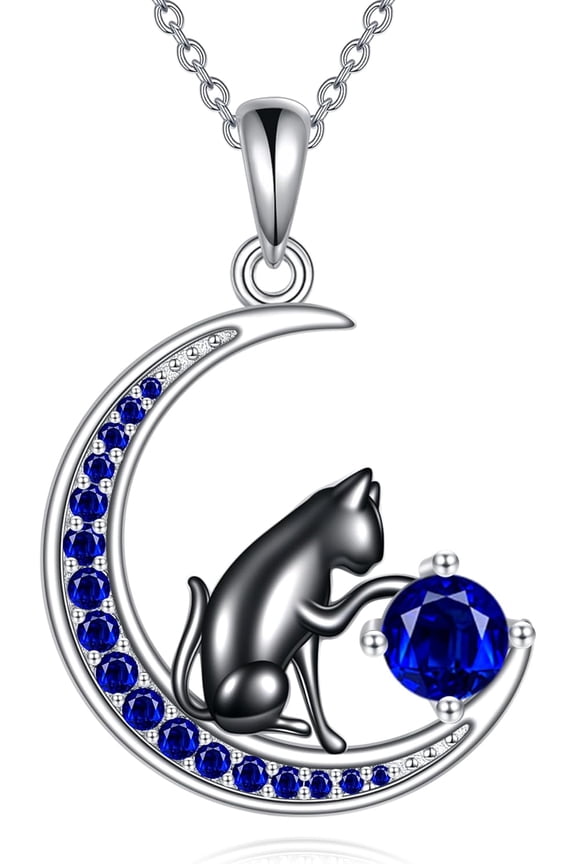 Black Cat Necklace Sterling Silver Birthstone Necklace Cat Jewelry for Women