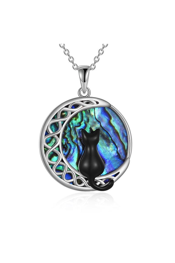 Black Cat Necklace for Women Sterling Silver Celtic Moon Cat Jewelry Gifts (abalone)