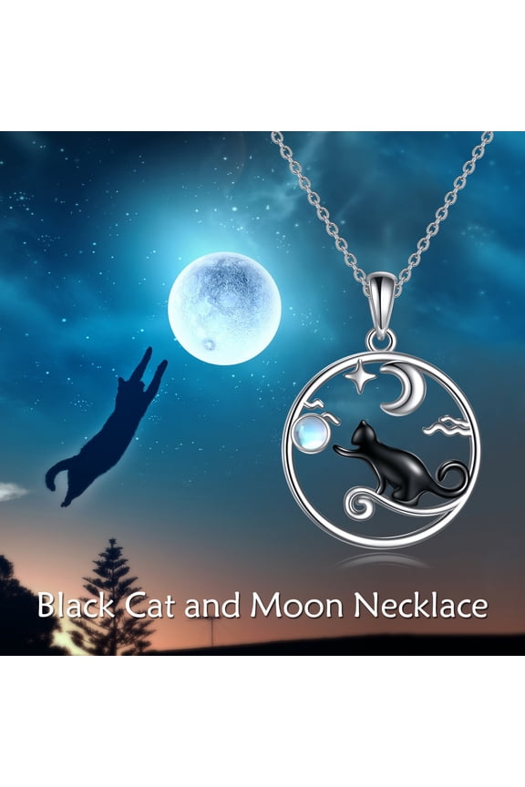 Black Cat Necklace for Women Sterling Silver Moonstone Cat Jewelry Irish Gifts (round)