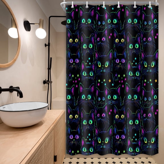 Black Cat Neon Shower Curtain,Funny Cute Cartoon Cat Star Bathroom Shower Curtains Set,Black Background Bathroom Polyester Fabric Shower Curtain with Hooks,36X72 Inch.