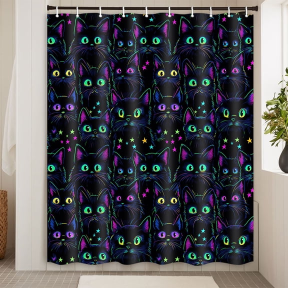 Black Cat Neon Shower Curtain,Funny Cute Cartoon Cat Star Bathroom Shower Curtains Set,Black Background Bathroom Polyester Fabric Shower Curtain with Hooks,71X84 Inch.