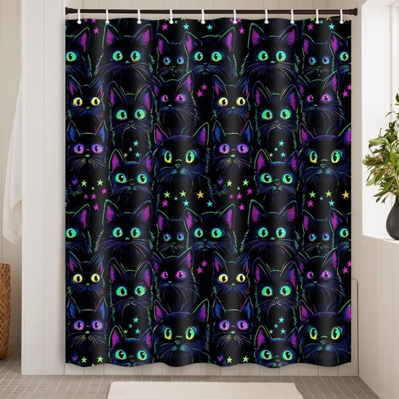 Black Cat Neon Shower Curtain,Funny Cute Cartoon Cat Star Bathroom Shower Curtains Set,Black Background Bathroom Polyester Fabric Shower Curtain with Hooks,71X71 Inch.