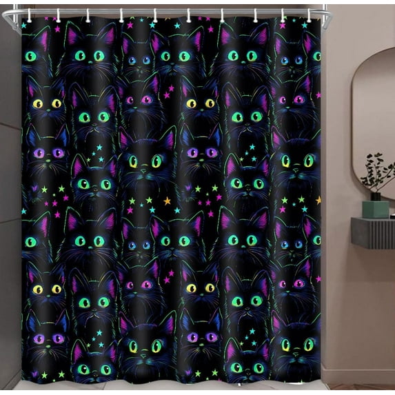 Black Cat Neon Shower Curtain,Funny Cute Cartoon Cat Star Bathroom Shower Curtains Set,Black Background Bathroom Polyester Fabric Shower Curtain with Hooks, 72X72in