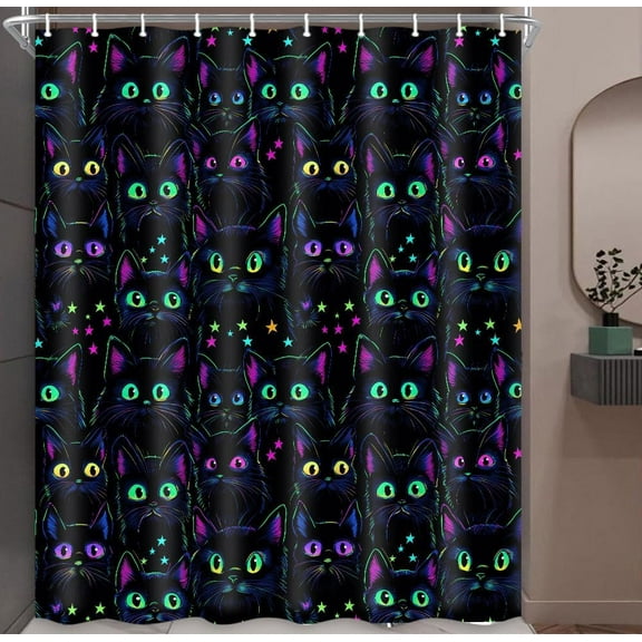 Black Cat Neon Shower Curtain,Funny Cute Cartoon Cat Star Bathroom Shower Curtains Set,Black Background Bathroom Polyester Fabric Shower Curtain with Hooks, 72X72in