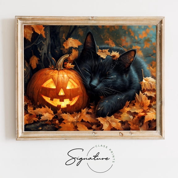Black Cat Nestled with Pumpkin, Cozy Autumn Leaves, Decor, Rustic Fall Scene, Warm Harvest Art, Festive Cat Poster, 1185 Unframed Paper Print
