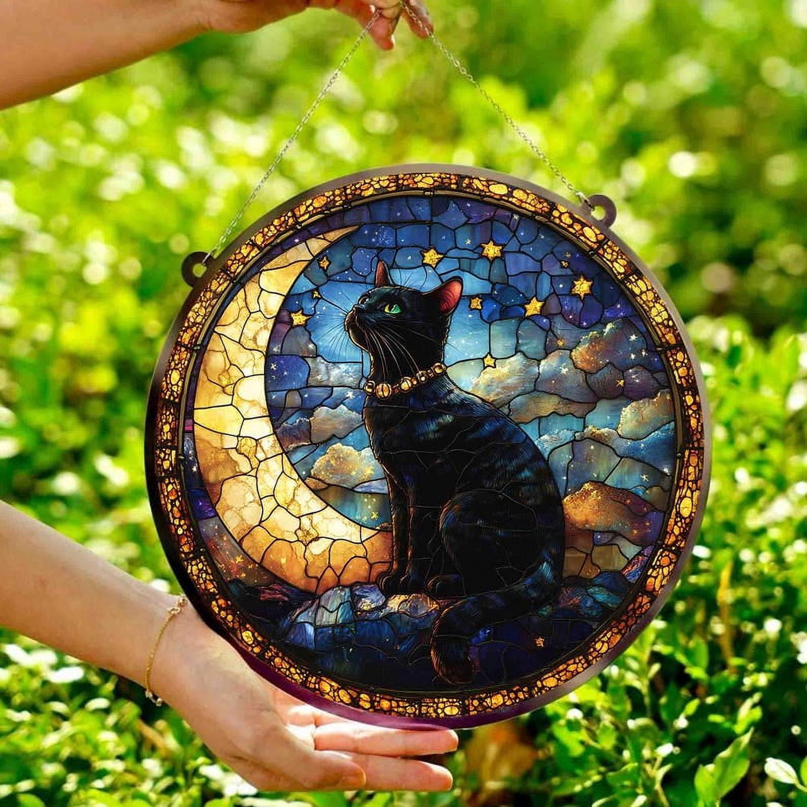 Black Cat On Moon Glass Suncatcher For Cat Moms, Moon Window Decor ...