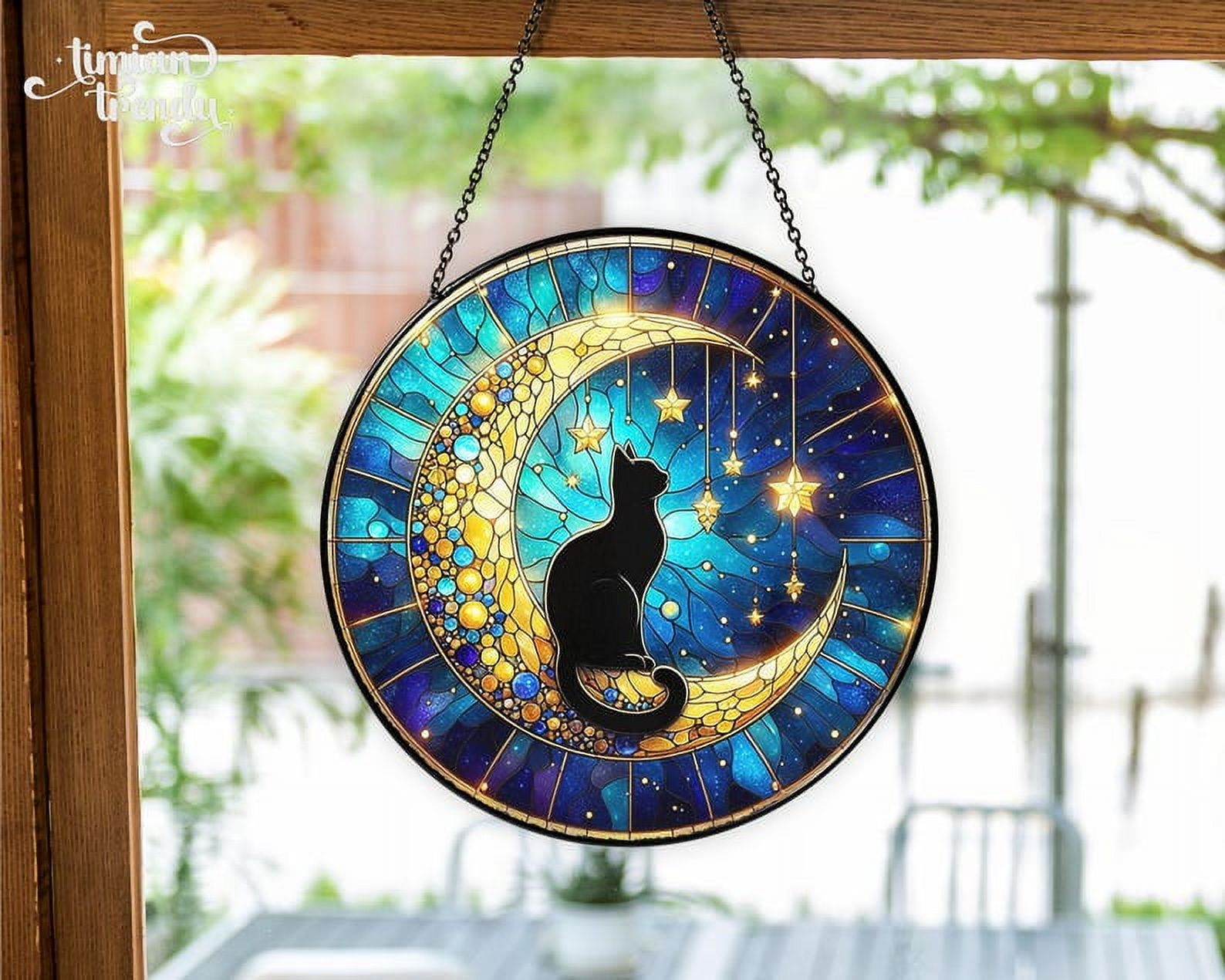 Black Cat On Moon Stained Glass Suncatcher, Black Cat Sun Catcher ...
