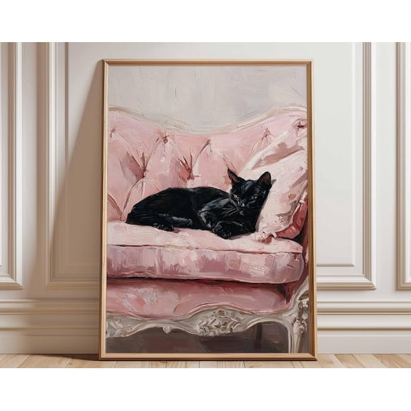 Black Cat On Pink Couch Wall Art Print, Unframed Paper Poster 8x10in
