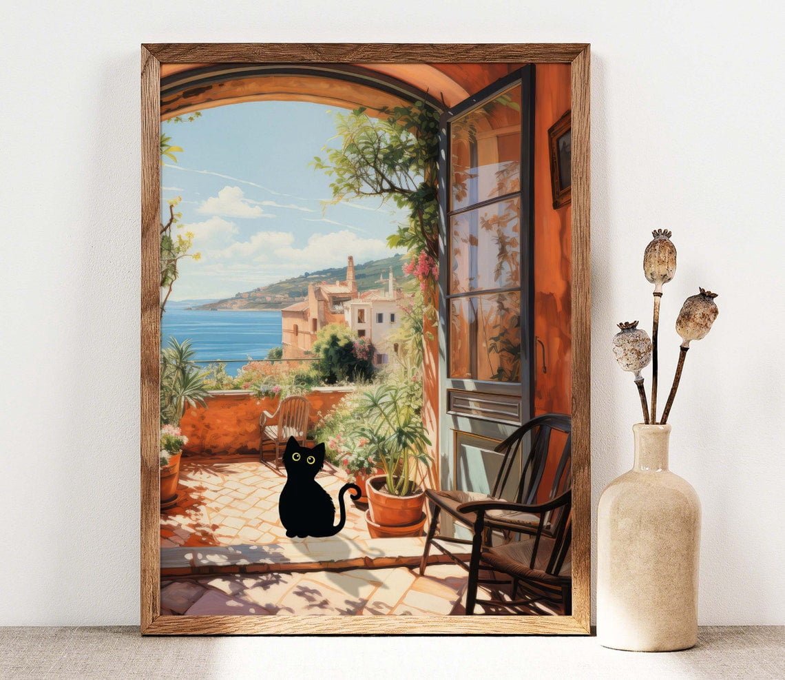 Black Cat Open Window Floral Home Wall Picture, Unframed Paper Poster ...
